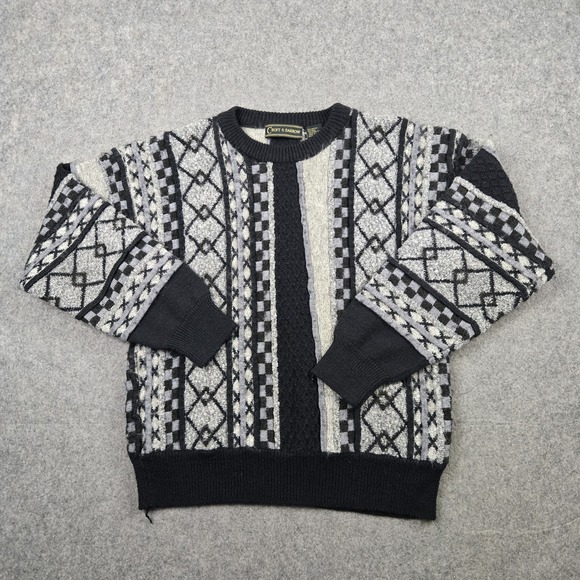 Vintage Croft & Borrow Sweater Mens Large Gray Black 3D Knit 90s Sweatshirt - Picture 2 of 12